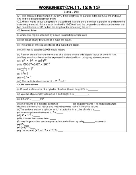 8- Mathematics - math - Worksheet (Ch, 12 & 13) Class - VIII Q1. The ...