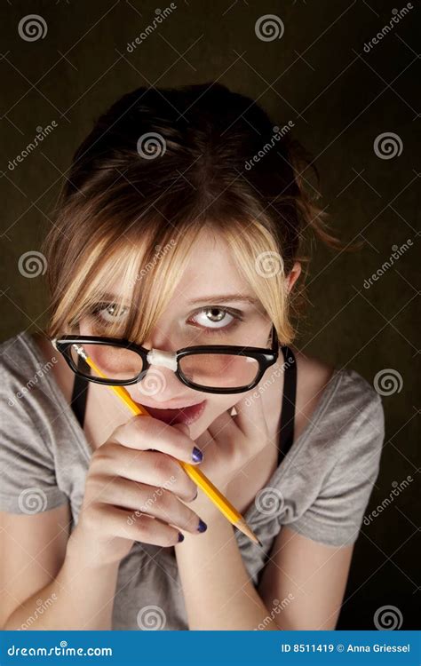 Closeup of Pretty Young Nerdy Girl Stock Image - Image of brunette ...