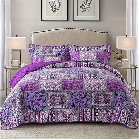 NEWLAKE Cotton Bedspread Queen Quilt Sets Reversible Patchwork Coverlet ...