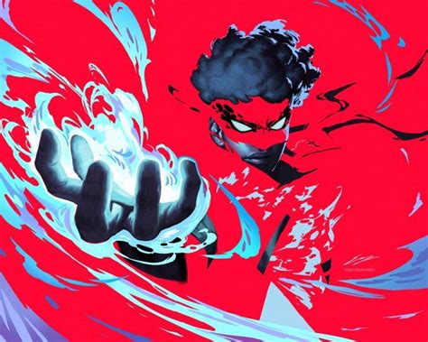 Four figures in action, including a man with a top knot crouching and shooting, a figure in a green