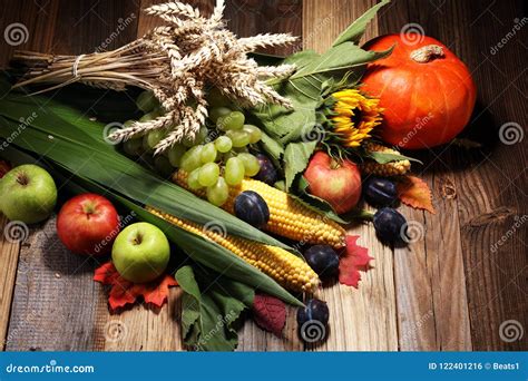 Autumn Nature Concept. Fall Fruit and Vegetables on Wood Stock Photo ...