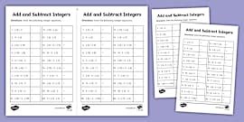 Adding and Subtracting Integers Worksheet | Negative Numbers