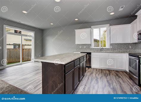 Unique Kitchen with Gray Hardwood Floor. Stock Image - Image of stove ...