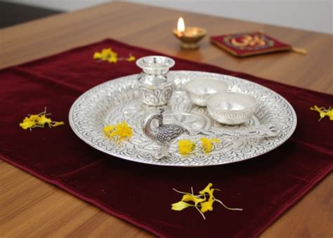 Silver pooja thali with peacock – atjewels.in