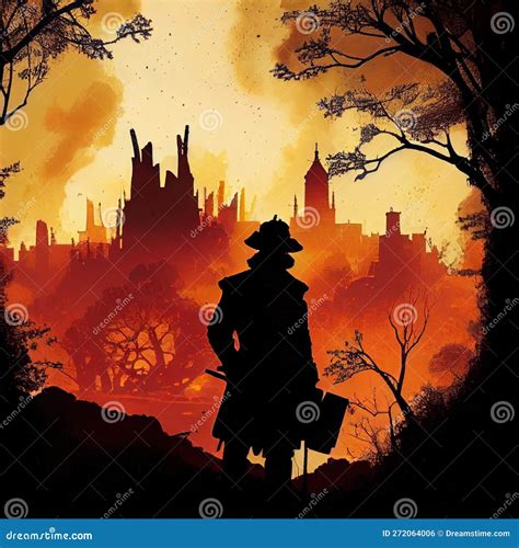 Silhouette of Great Fire of London, Aftermath, Made with Generative AI Stock Illustration ...