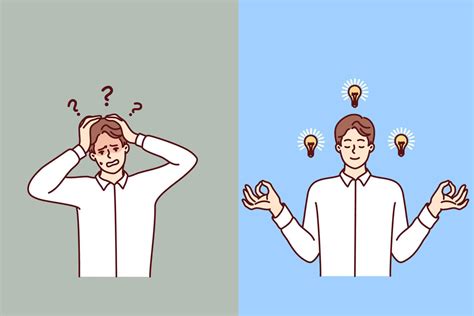 Discouraged man clutching head and meditating guy with light bulbs near ...