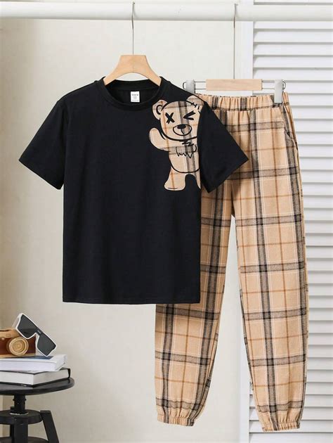 Tween Boys' Loose Fit Round Neck Bear Pattern T-Shirt And Checkered ...