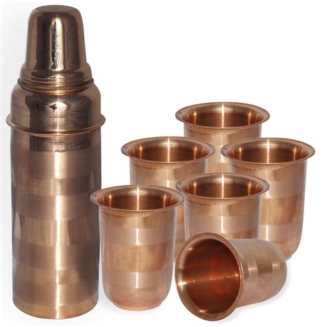 Buy DakshCraft Copper Silver Touch Bottle & Small Copper Tumblers, Set ...