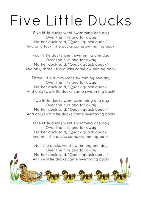 5 Little Ducks Lyrics Printable - Printable