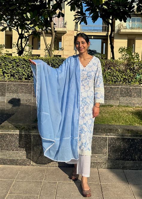 Blue & White Floral Print Cotton Suit with Blue Mulmul Dupatta & Lace ...