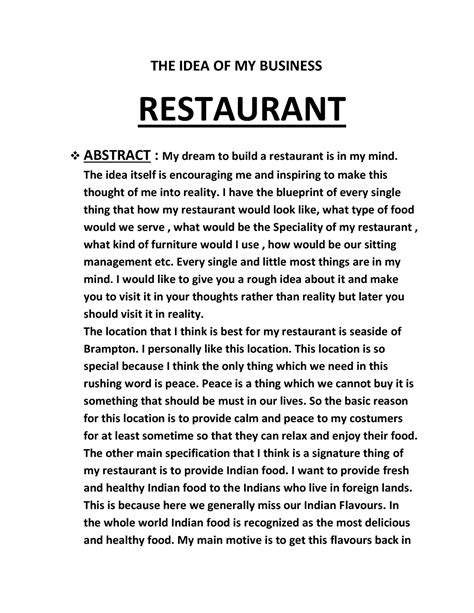 Abstract AND Conclusion - THE IDEA OF MY BUSINESS RESTAURANT ABSTRACT ...