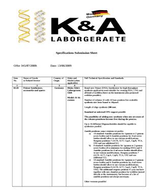 Specifications Submission Sheet Doc Template | pdfFiller