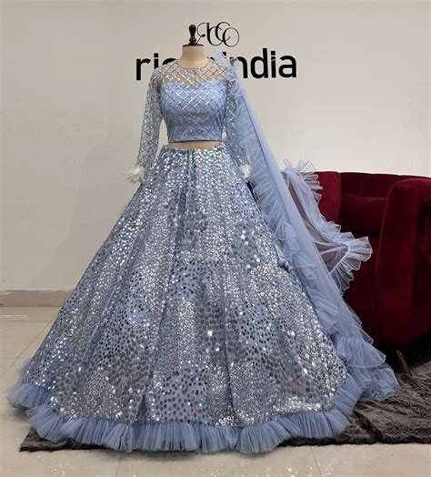 PASTEL BLUE SEQUIN WORK LEHENGA WITH FRILL DUPATTA – Ricco India