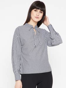 RARE Casual Cuffed Sleeve Checkered Women Black Top - Buy RARE Casual ...