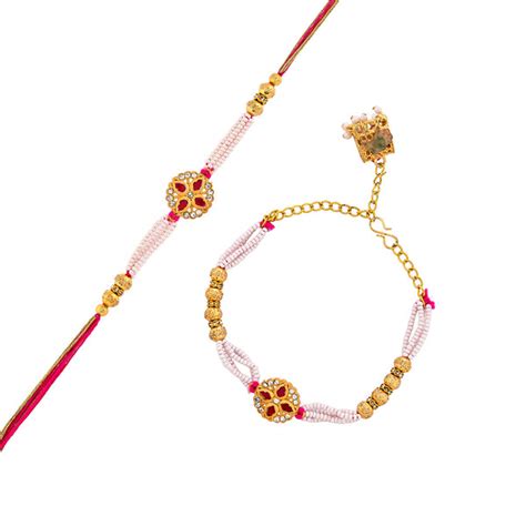 White Pearls And Golden Beads Bhaiya Bhabhi Lumba Rakhi | Voylla – VOYLLA