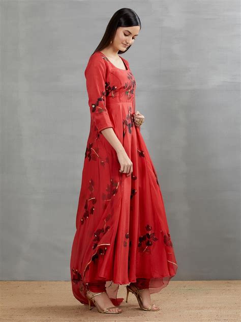 Black Bougainville's On Red Silk Flared Kurta – Picchika