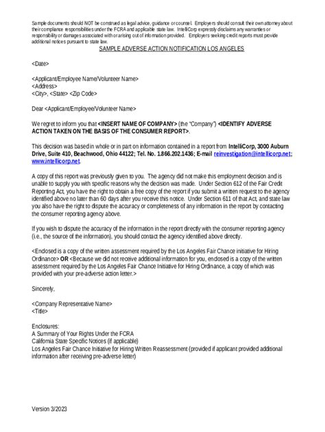 SAMPLE ADVERSE ACTION NOTIFICATION LOS ANGELES Doc Template | pdfFiller