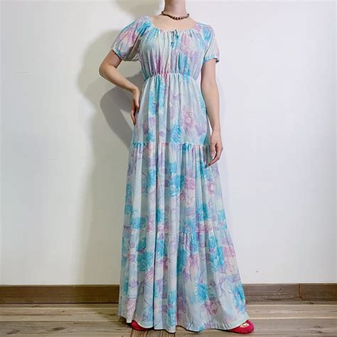 70s sax blue flower printed long dress | LEMON