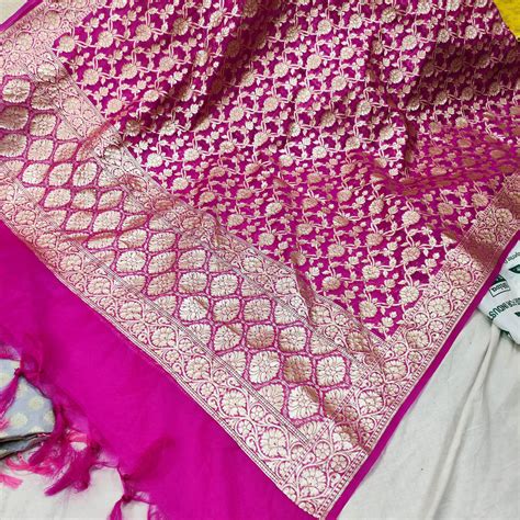 Pink Golden Zari Pure Organza Silk Banarasi Dupatta – Mohsin Textiles