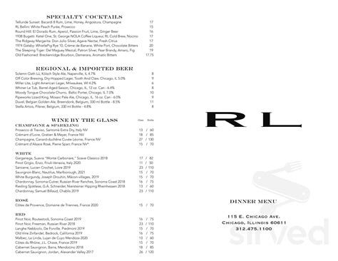 Menu for RL Restaurant in Chicago, IL | Sirved