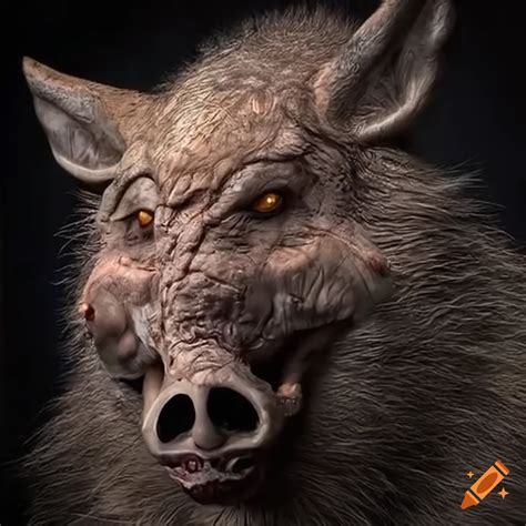 Scary mythical creature with boar's head and wolf's body on Craiyon