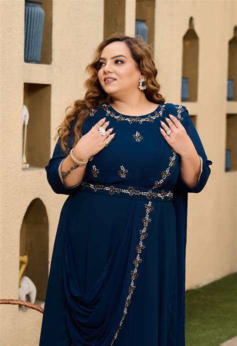 Plus Size Cosmic Teal Blue Hand Work Georgette Drape Saree with Belt ...