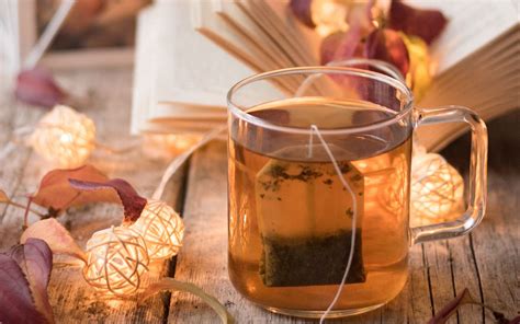 Download wallpaper 1920x1200 tea, cup, book, garlands, leaves, comfort ...