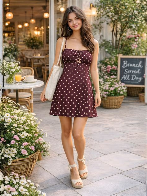 Brown Polka Dot Shoulder Straps Mini Dress