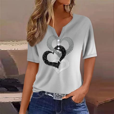 SKSloeg Pink Tops for Woman Plus Size Summer Casual V Neck Henley Short Sleeve Feather Print ...