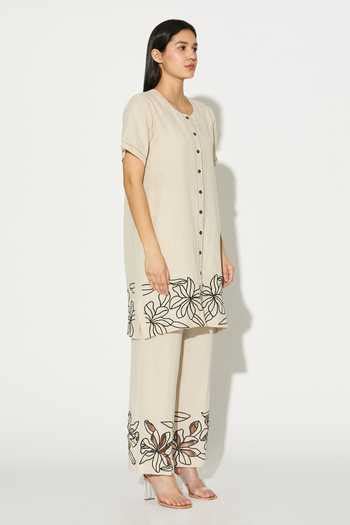 Buy Cream Linen Round Neck Embroidered Kurta For Women by Koai Online ...