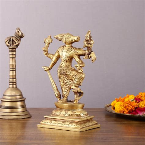 Buy Brass Lord Varaha with Lakshmi Bhumi Devi – 8.5" - Budhshiv.com