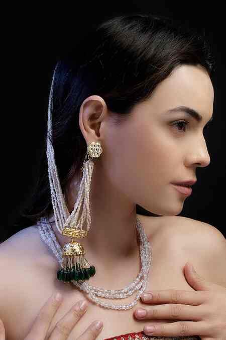 Buy Green Kundan Zinda Sabz Embellished Earchains Set Of 2 by Dugran By ...