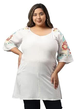 Buy SAAKAA Women's Rayon White Embroidery Plus Size Tunic at Amazon.in