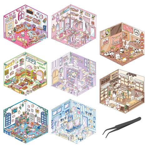 3d Stickers 8 Sets DIY 3D Sticker Scenes With Tweezers - Miniature Room ...