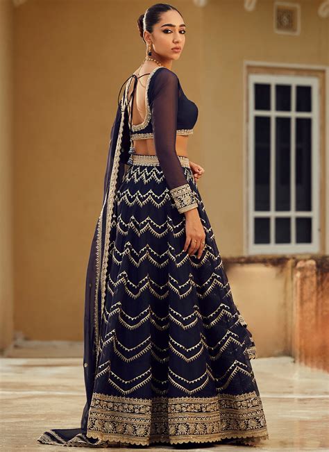 Navy Blue Embroidered Organza Lehenga – Lashkaraa India