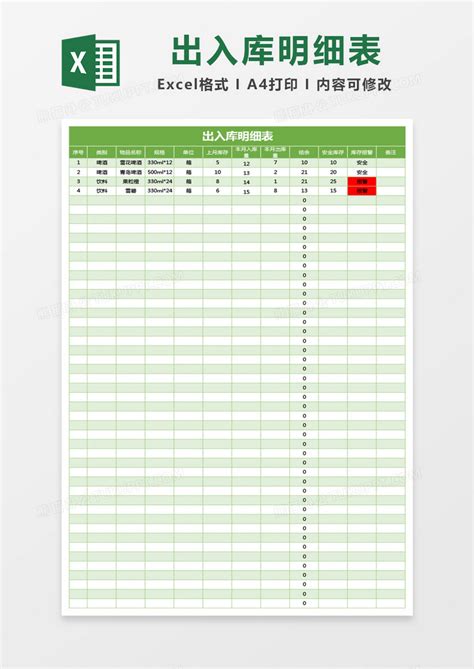 绿色出入库明细表Excel模板下载_熊猫办公