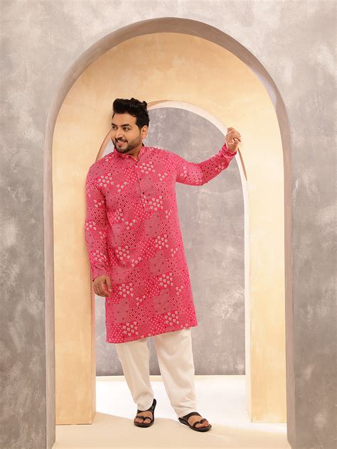 Men's Cotton Blend Sanganeri Printed Pink Kurta With White Pyjama – Sojanya