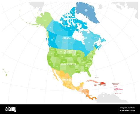 Political map of Caribbean and North American countries Canada, United States of America and ...