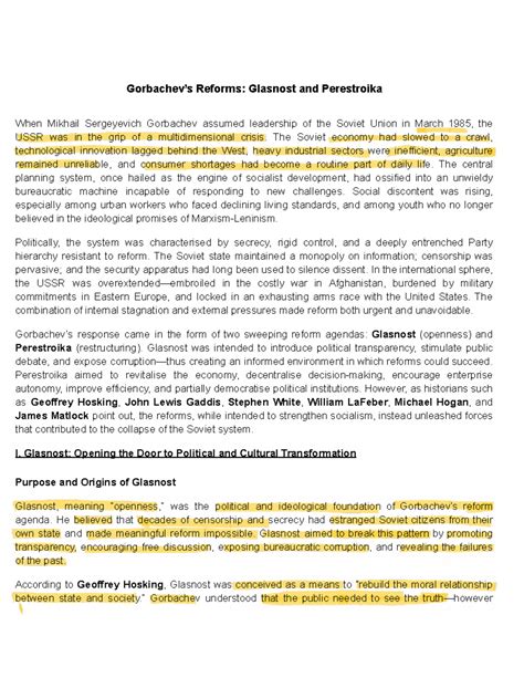 Gorbachev's Reforms: Glasnost and Perestroika Analysis (HIST 101) - Studocu