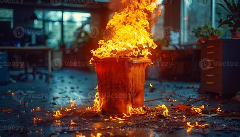 Burning trash can in abandoned office. Flaming rococo trash bin in an ...