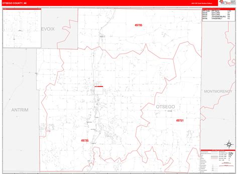Otsego County, MI Zip Code Wall Map Red Line Style by MarketMAPS ...