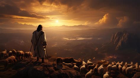 Jesus shepherding the sheep in evening sky 29044593 Stock Photo at Vecteezy