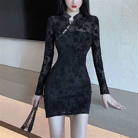 Buy Women's Cheongsam Costume Long Sleeve High Side Slit Slim Fit ...