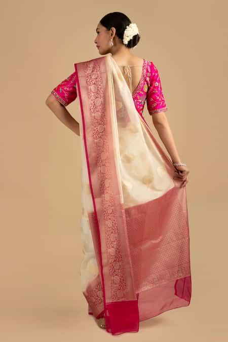 Buy White Kota Doria Organza Silk Woven Border Saree With Unstitched ...