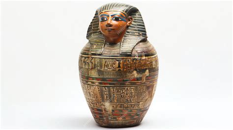 Ancient Egyptian canopic jar with detailed carvings and a humanheaded ...