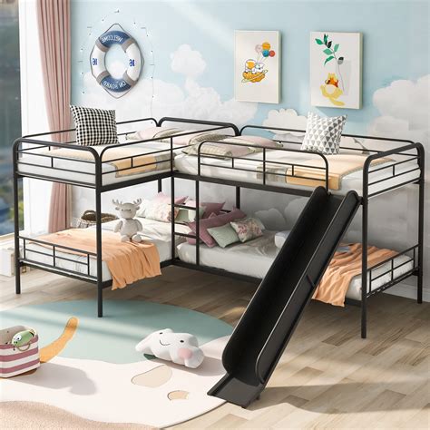 Buy Quad Bunk Beds with Slide L-Shape Bunk Bed for 4 Twin Over Twin ...