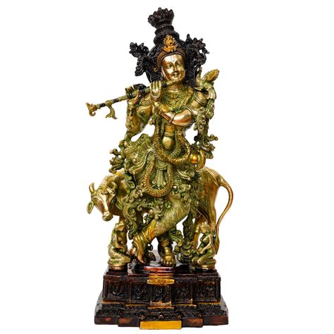 Divine Lord Krishna Sitting on Cow & Playing Flute Handcrafted Brass ...