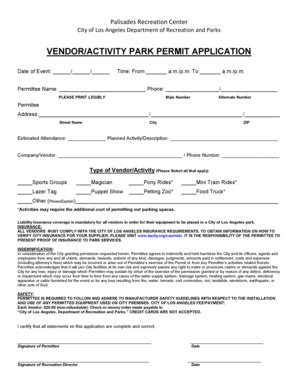 Fillable Online laparks Vendor Activity Permit Application Form - City ...