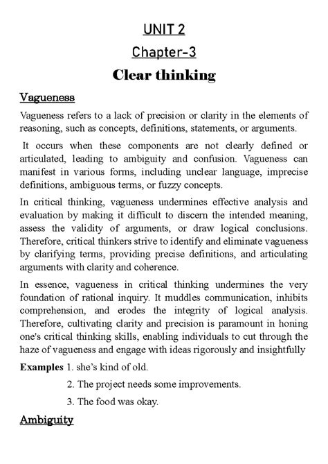 Ge 101 - Unit 2: Clear Thinking & Vagueness in Critical Thinking - Studocu