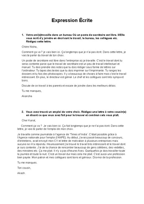 Grade 10 - French: Écriture de Lettres et Dialogues - Studocu